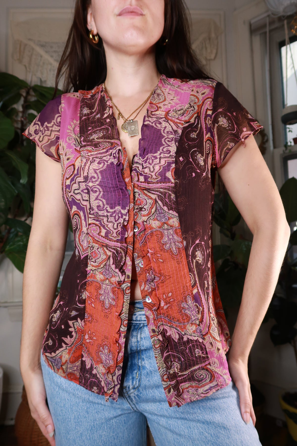 Vintage 2000s Purple Paisley Button Front Blouse - Elektra Vintage