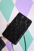 Black beaded sequin evening shoulder bag by Elektra Vintage with vintage 2000s style and elegant design.