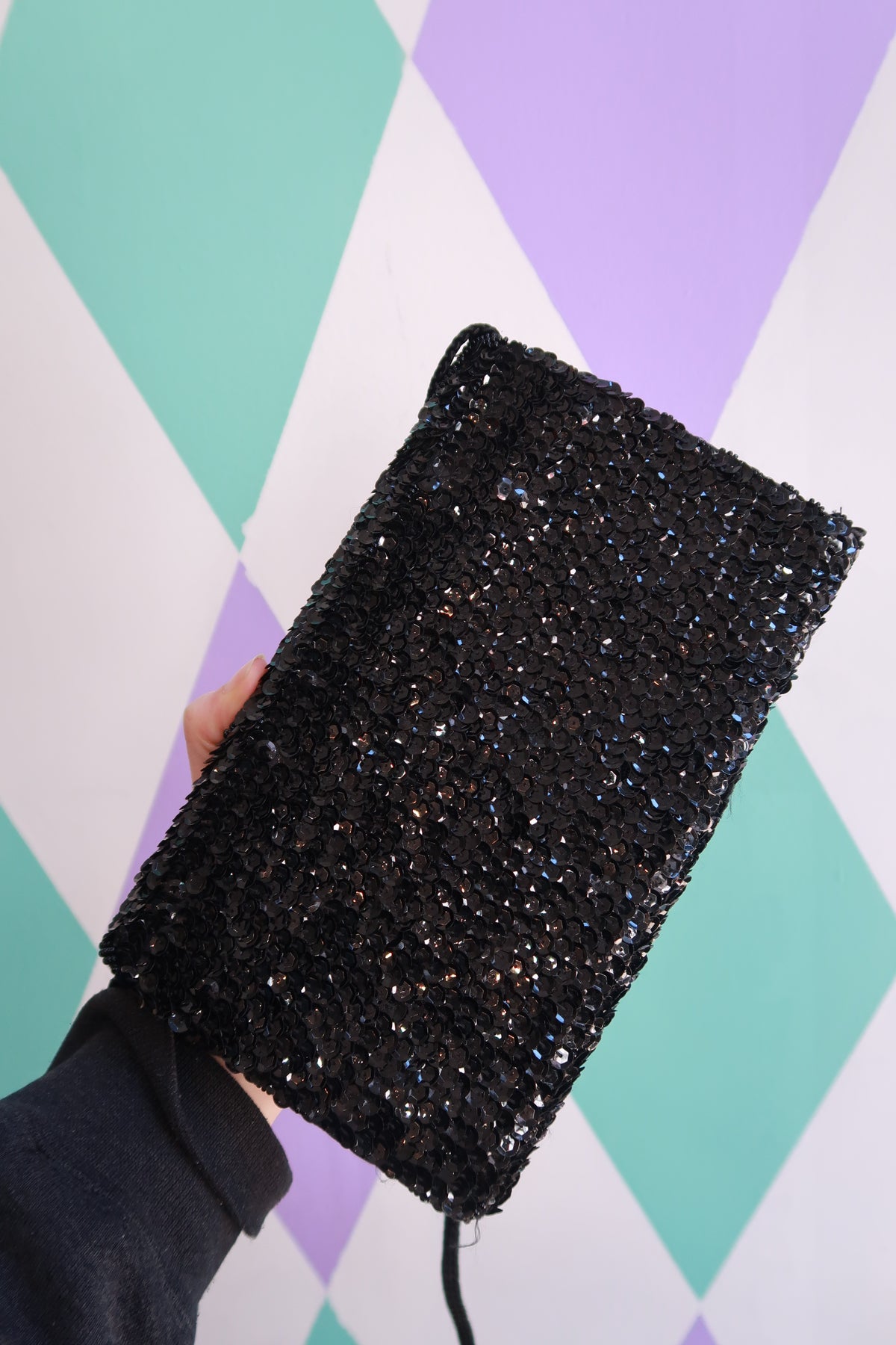 Black beaded sequin evening shoulder bag by Elektra Vintage with vintage 2000s style and elegant design.