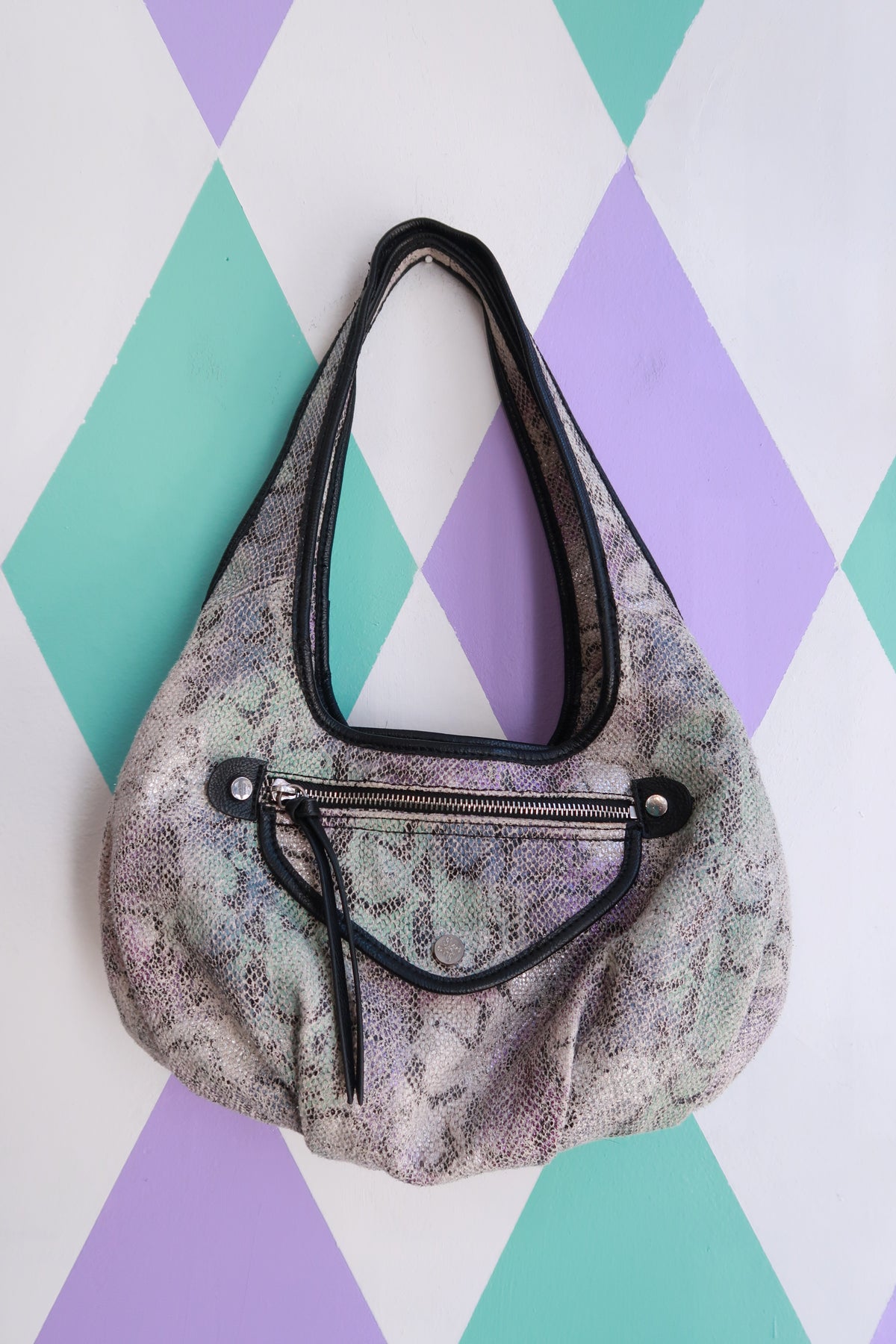 Elektra Vintage iridescent snakeskin print slouchy hobo shoulder bag from the 2000s with a textured, shiny surface and relaxed shape.