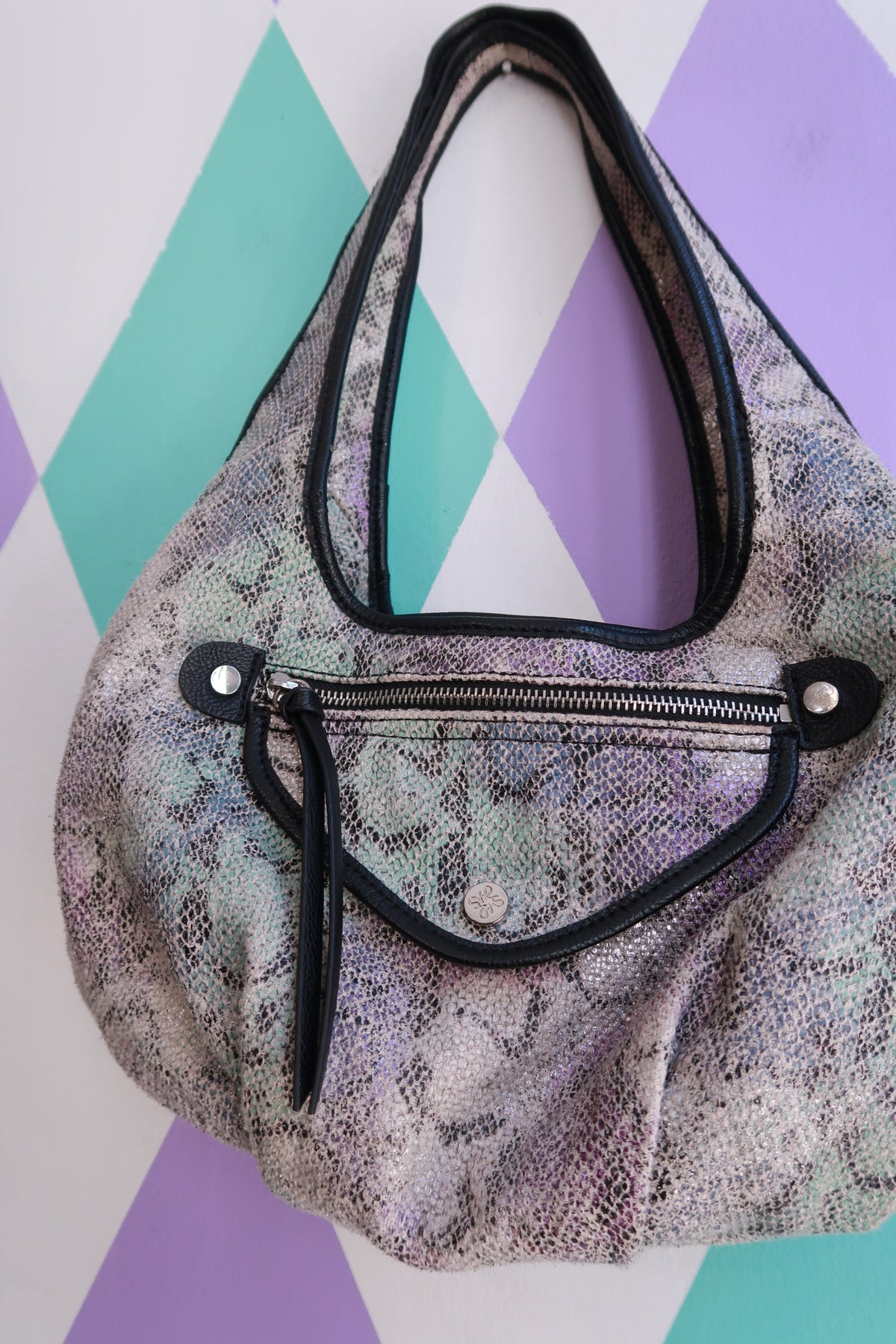 Iridescent snakeskin print slouchy hobo shoulder bag by Elektra Vintage, featuring a vintage 2000s style and casual design.