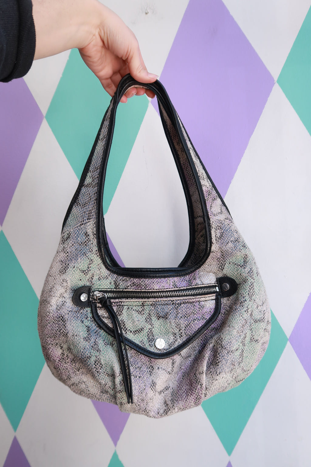 Iridescent snakeskin print slouchy hobo shoulder bag by Elektra Vintage, featuring a vintage 2000s style and spacious design.