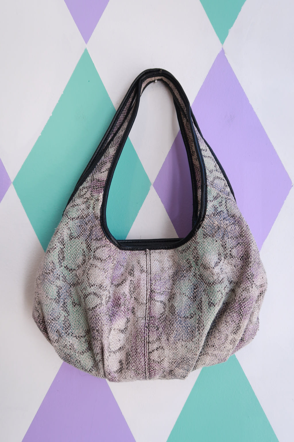 Iridescent snakeskin print slouchy hobo shoulder bag by Elektra Vintage, vintage 2000s style with a spacious design.