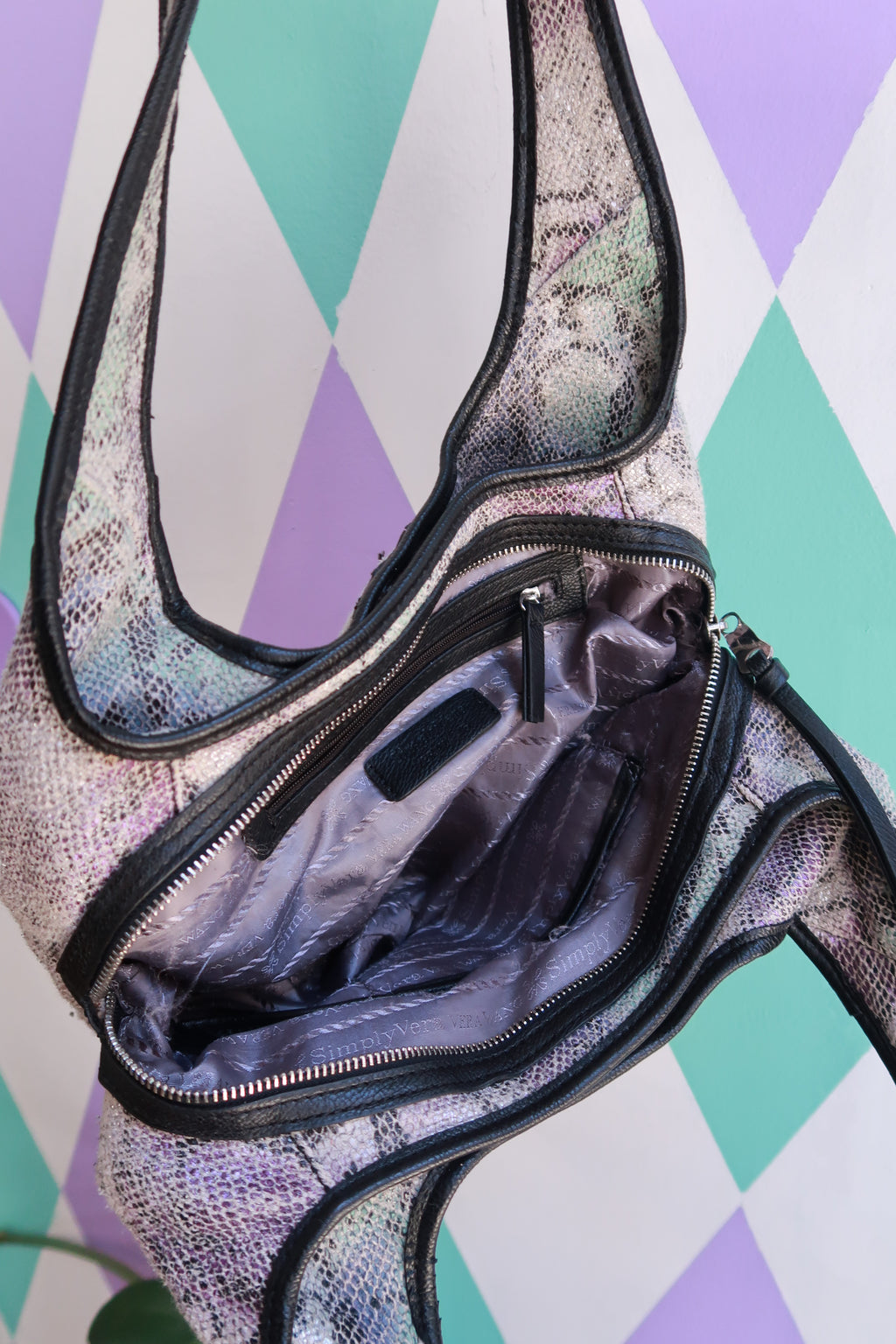 Iridescent snakeskin print slouchy hobo shoulder bag by Elektra Vintage, vintage 2000s style with a stylish, casual design.