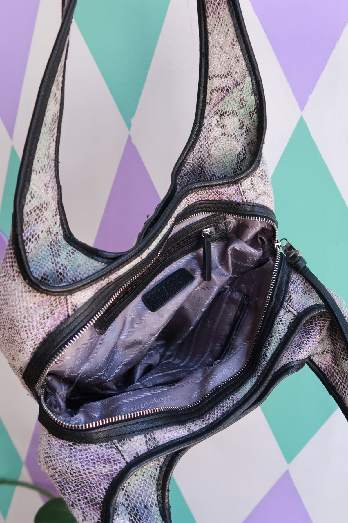 Iridescent snakeskin print slouchy hobo shoulder bag by Elektra Vintage, vintage 2000s style with a stylish, casual design.