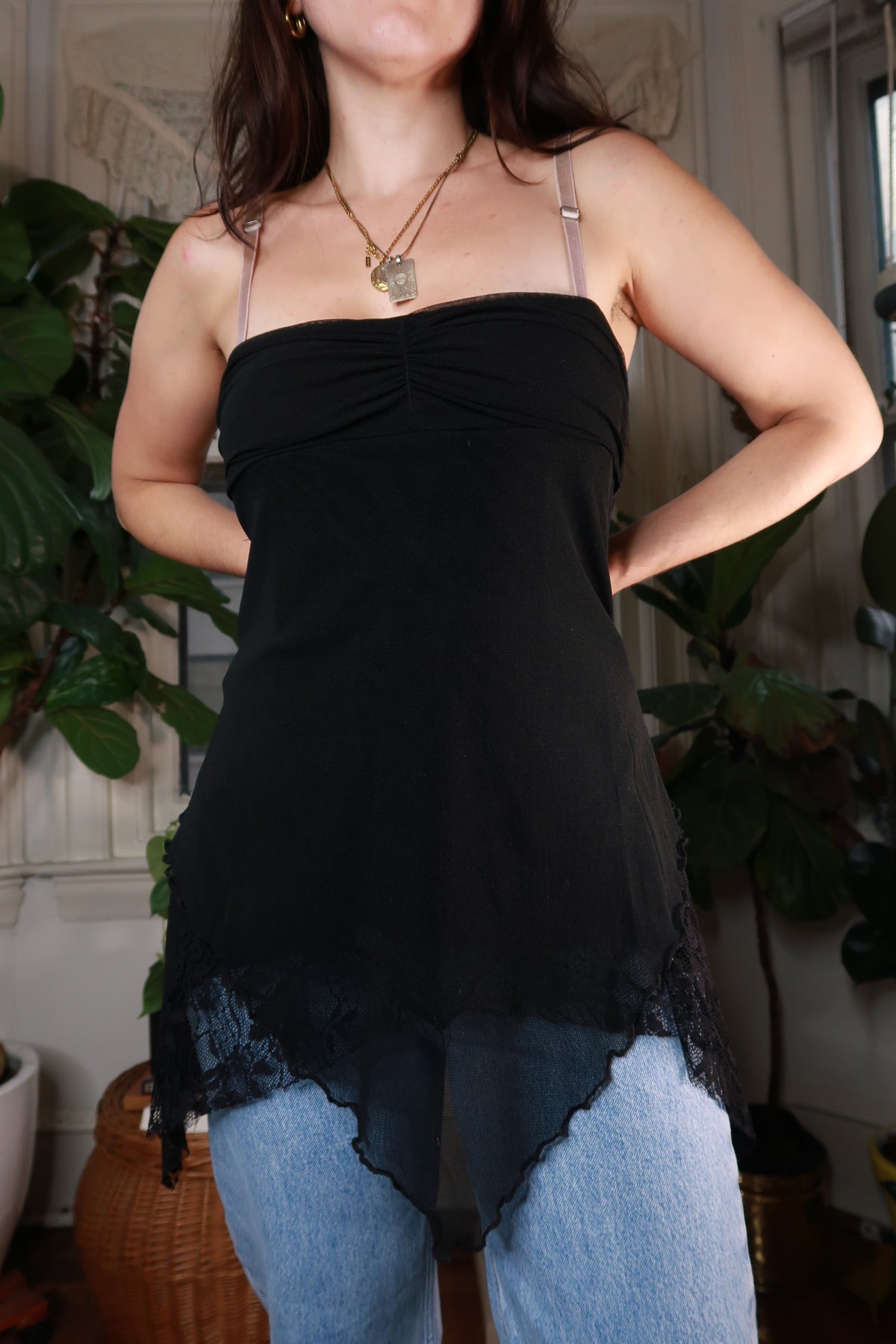 Vintage Y2K Black Lace Handkerchief Hem Top - Elektra Vintage