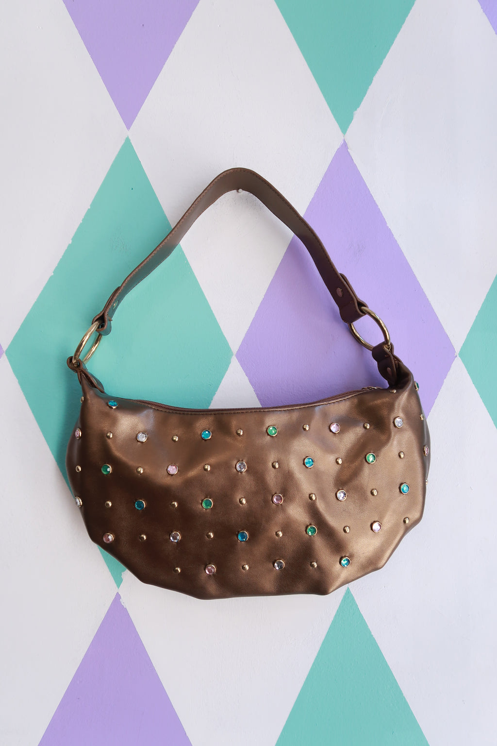 Vintage 2000s bronze studded rhinestone shoulder bag by Elektra Vintage with metallic accents and a classic handbag design.