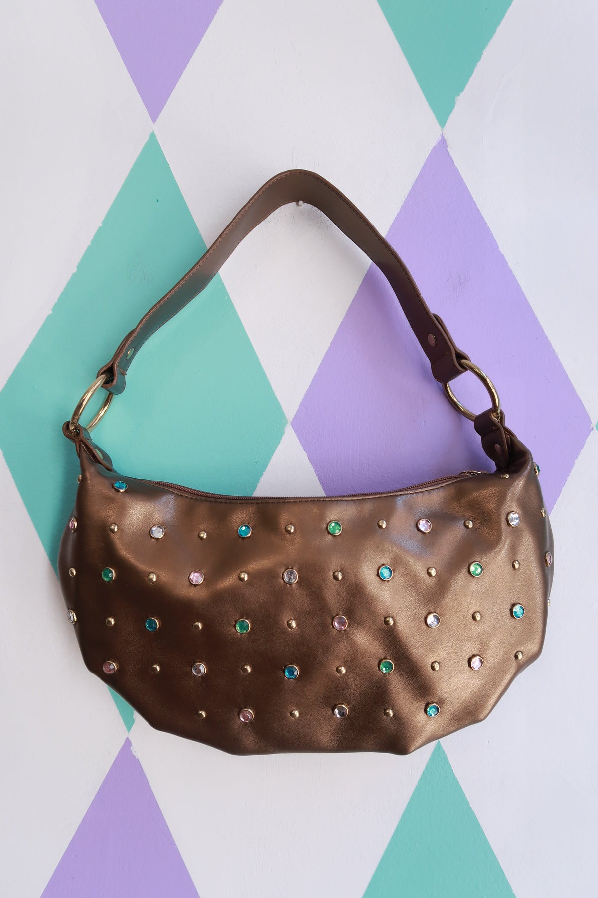 Vintage 2000s bronze studded rhinestone shoulder bag by Elektra Vintage with decorative embellishments and a classic design.