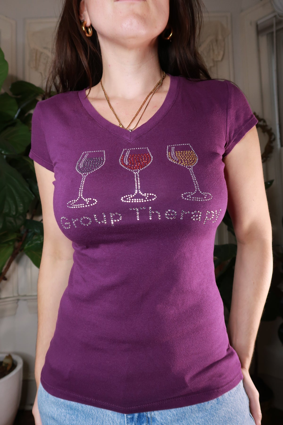 Vintage Y2K Purple Rhinestone Wine Glass Graphic Tee - Elektra Vintage