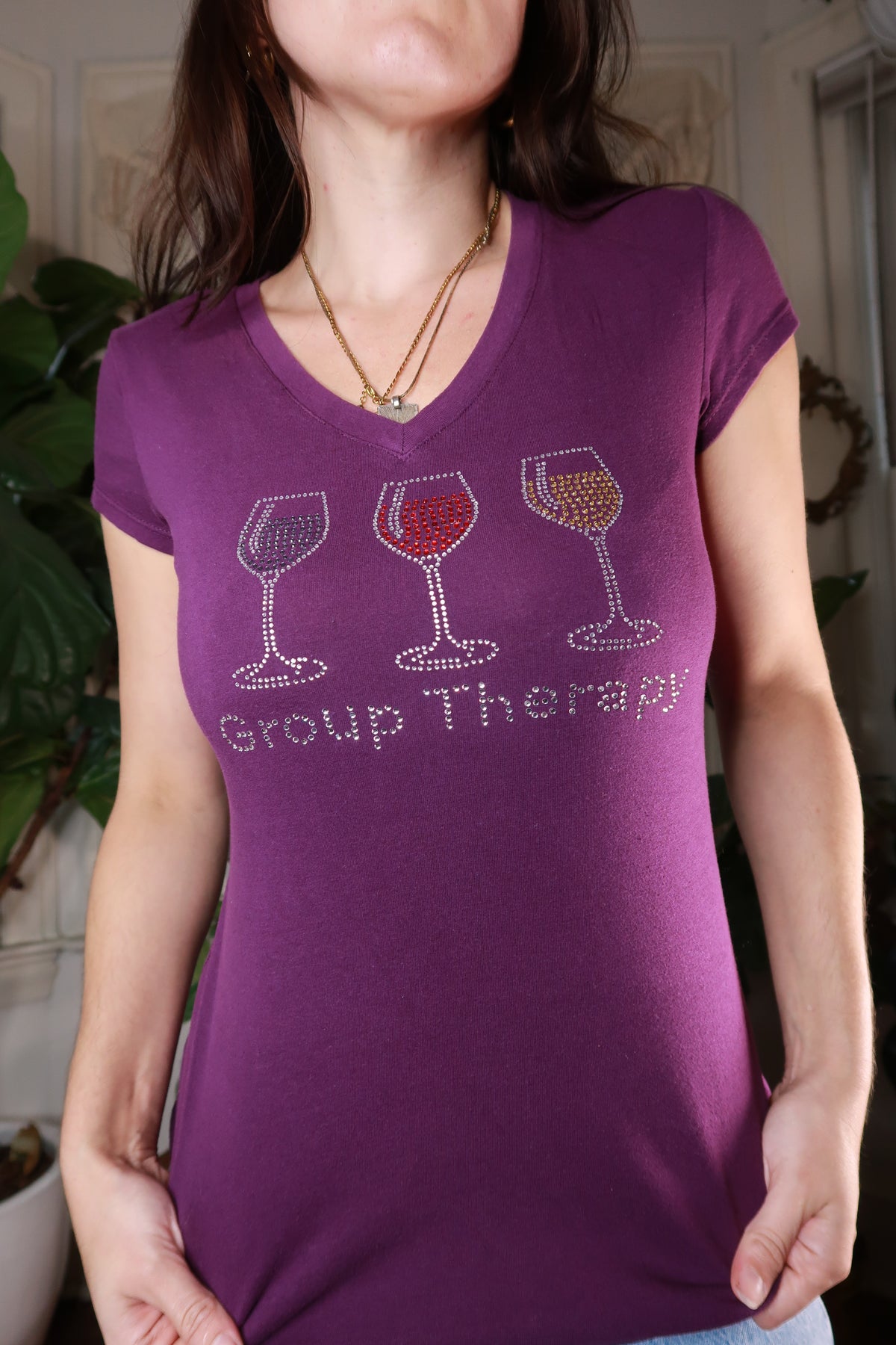 Vintage Y2K Purple Rhinestone Wine Glass Graphic Tee - Elektra Vintage