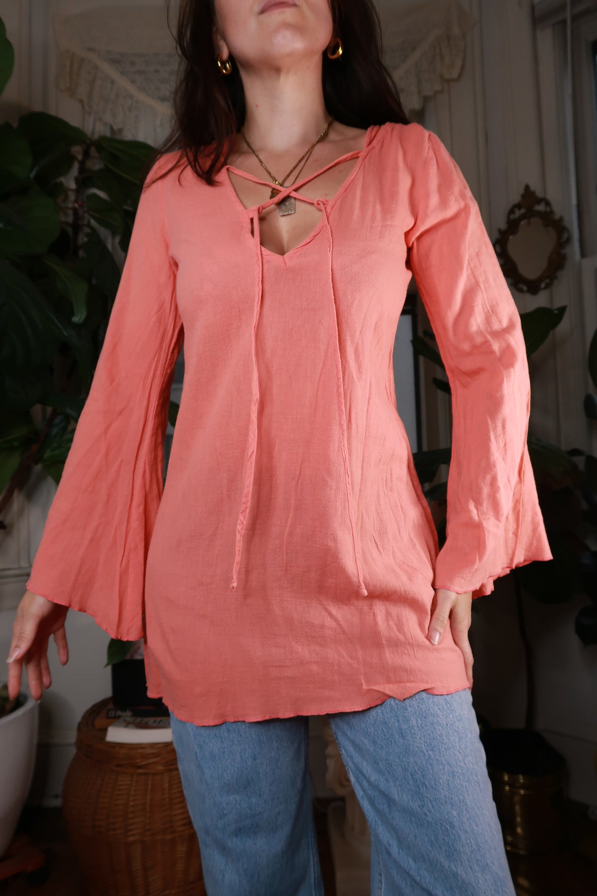 Vintage Y2K Coral Pink Lace-Up Bell Sleeve Tunic - Elektra Vintage