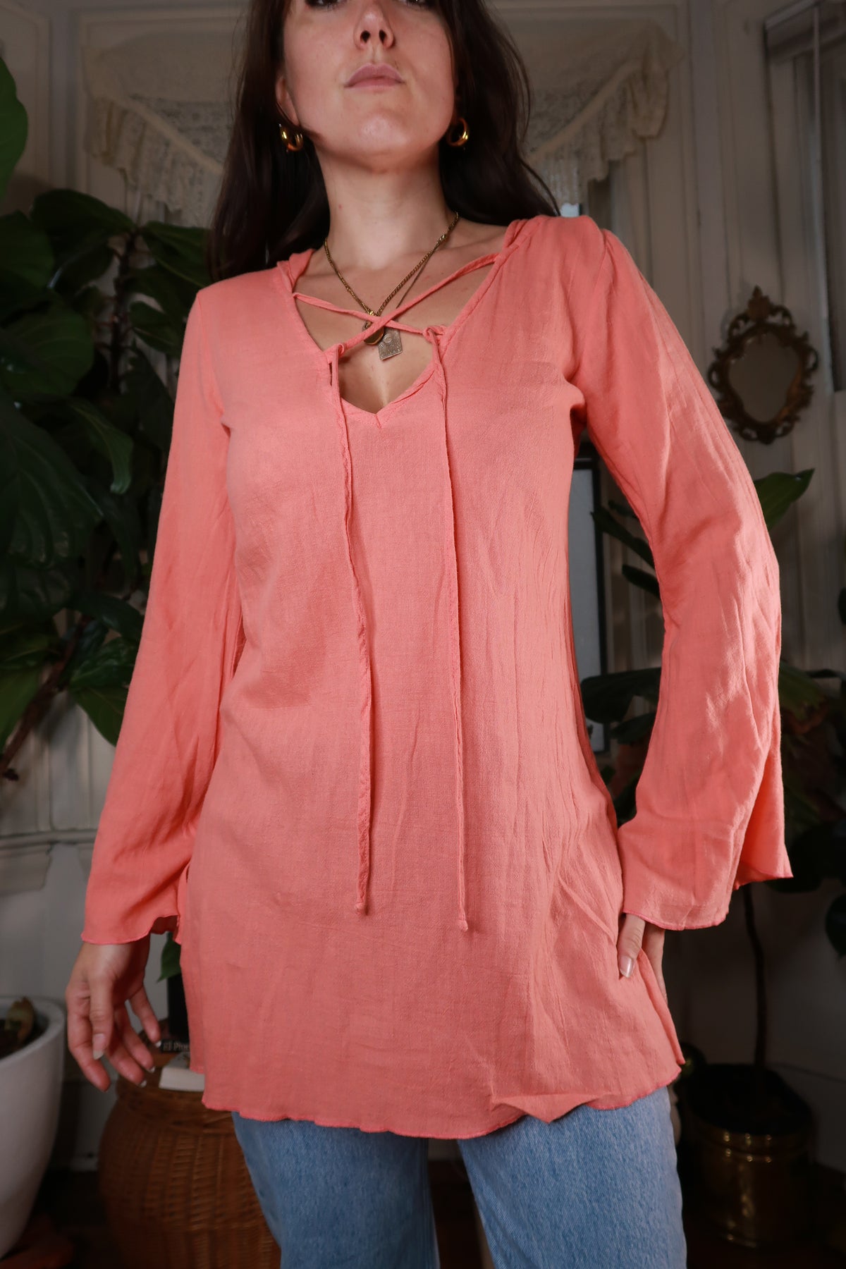 Vintage Y2K Coral Pink Lace-Up Bell Sleeve Tunic - Elektra Vintage