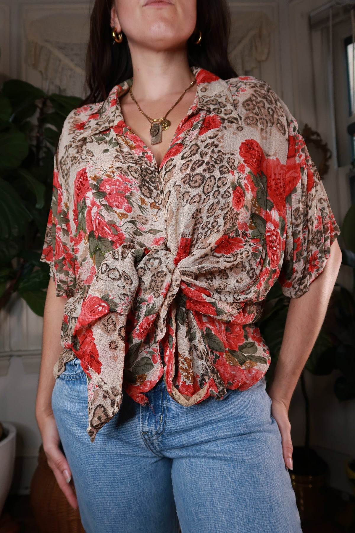 Vintage Leopard Print Floral Button Down Blouse - Elektra Vintage
