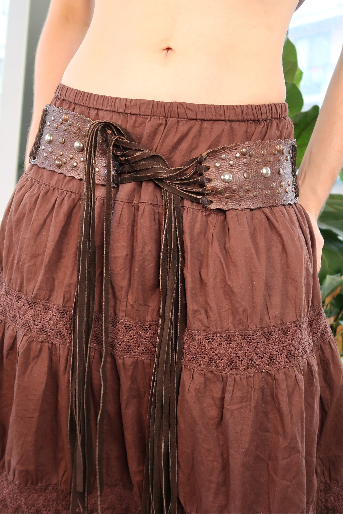 Vintage Brown Leather Studded Fringe Tie Belt - Elektra Vintage