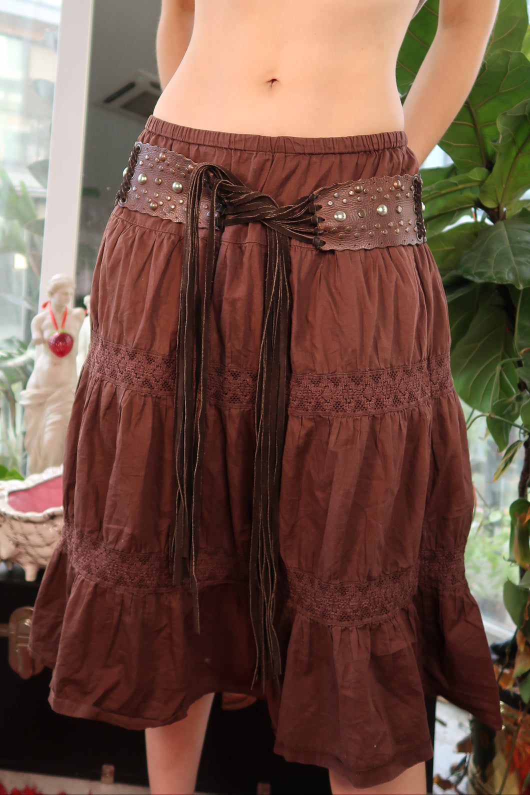Vintage Brown Leather Studded Fringe Tie Belt