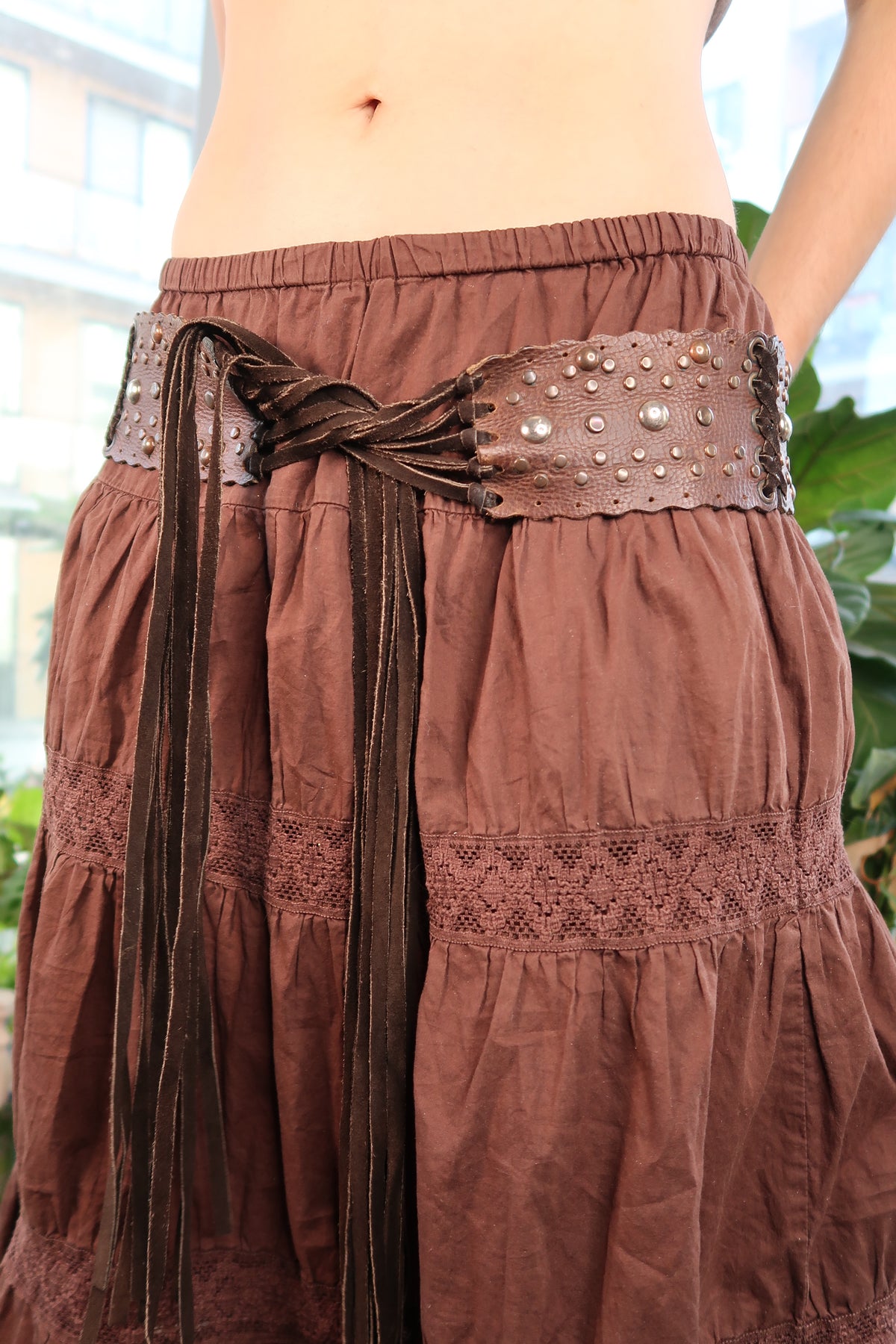 Vintage Brown Leather Studded Fringe Tie Belt - Elektra Vintage