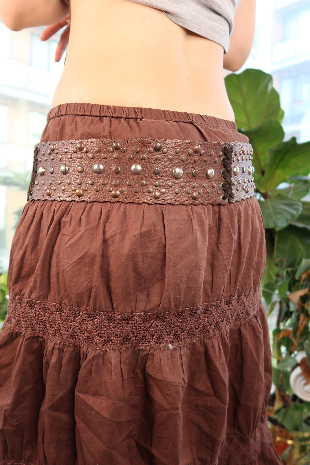 Vintage Brown Leather Studded Fringe Tie Belt - Elektra Vintage