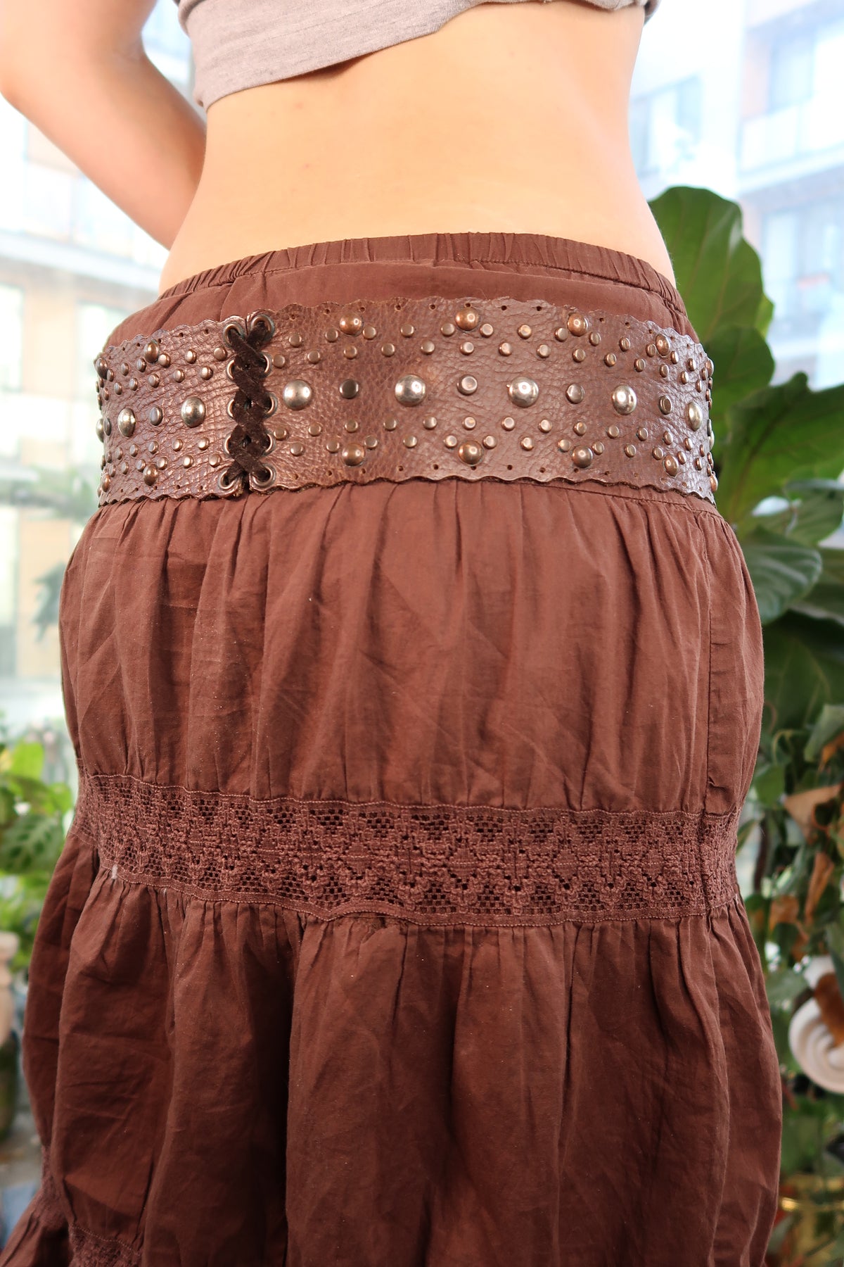 Vintage Brown Leather Studded Fringe Tie Belt - Elektra Vintage