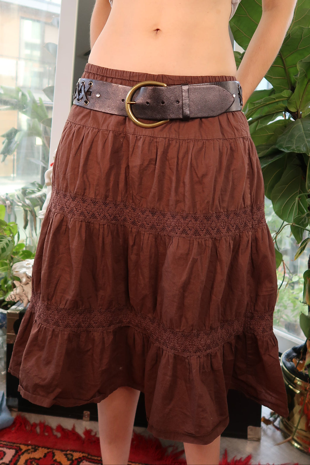 Vintage Dark Brown Leather Belt with Cross-Laced Detail
