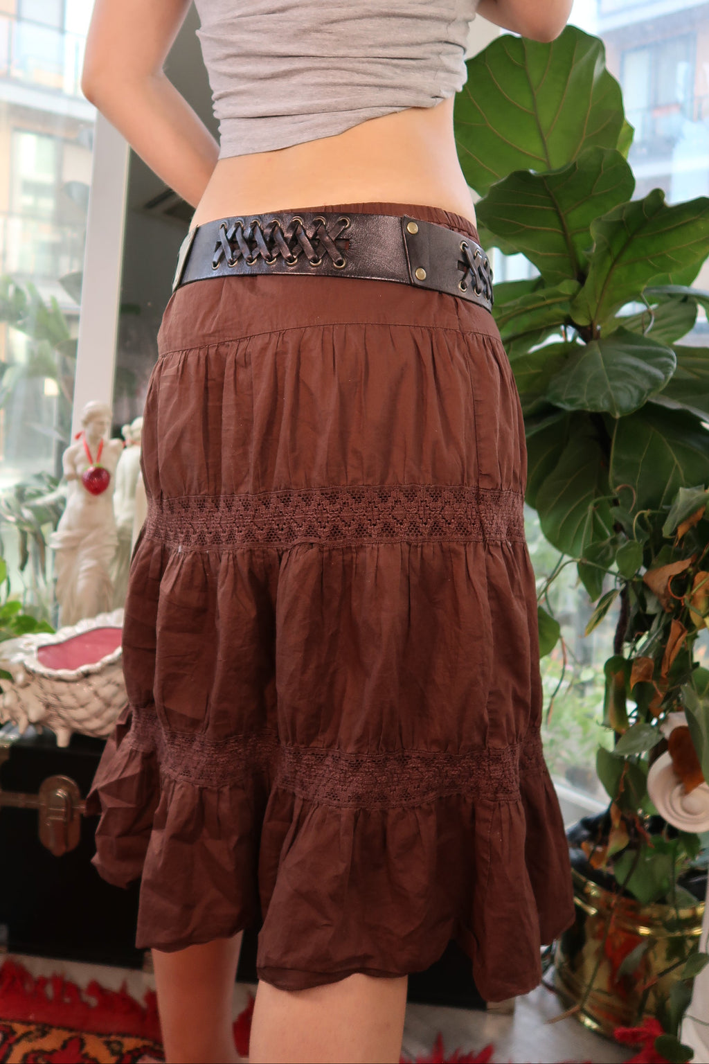 Vintage Dark Brown Leather Belt with Cross-Laced Detail