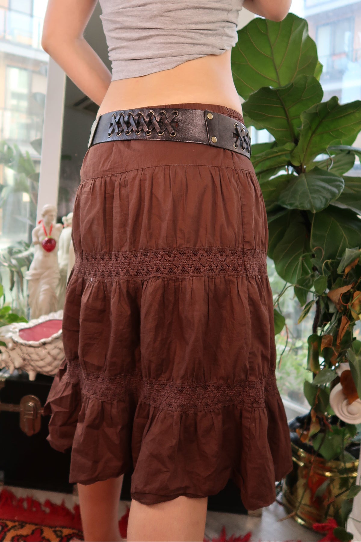 Vintage Dark Brown Leather Belt with Cross-Laced Detail