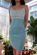 Load image into Gallery viewer, Vintage 2000s No Boundaries patchwork dress by Elektra Vintage featuring blue and green plaid and floral mini dress style.
