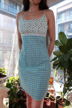 Load image into Gallery viewer, Elektra Vintage 2000s No Boundaries patchwork dress with blue, green plaid and floral details, Y2K mini dress style.

