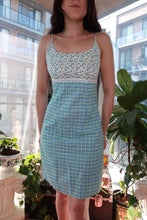 Load image into Gallery viewer, Vintage 2000s No Boundaries patchwork dress by Elektra Vintage, Y2K blue and green plaid floral mini dress with mixed fabric pattern.
