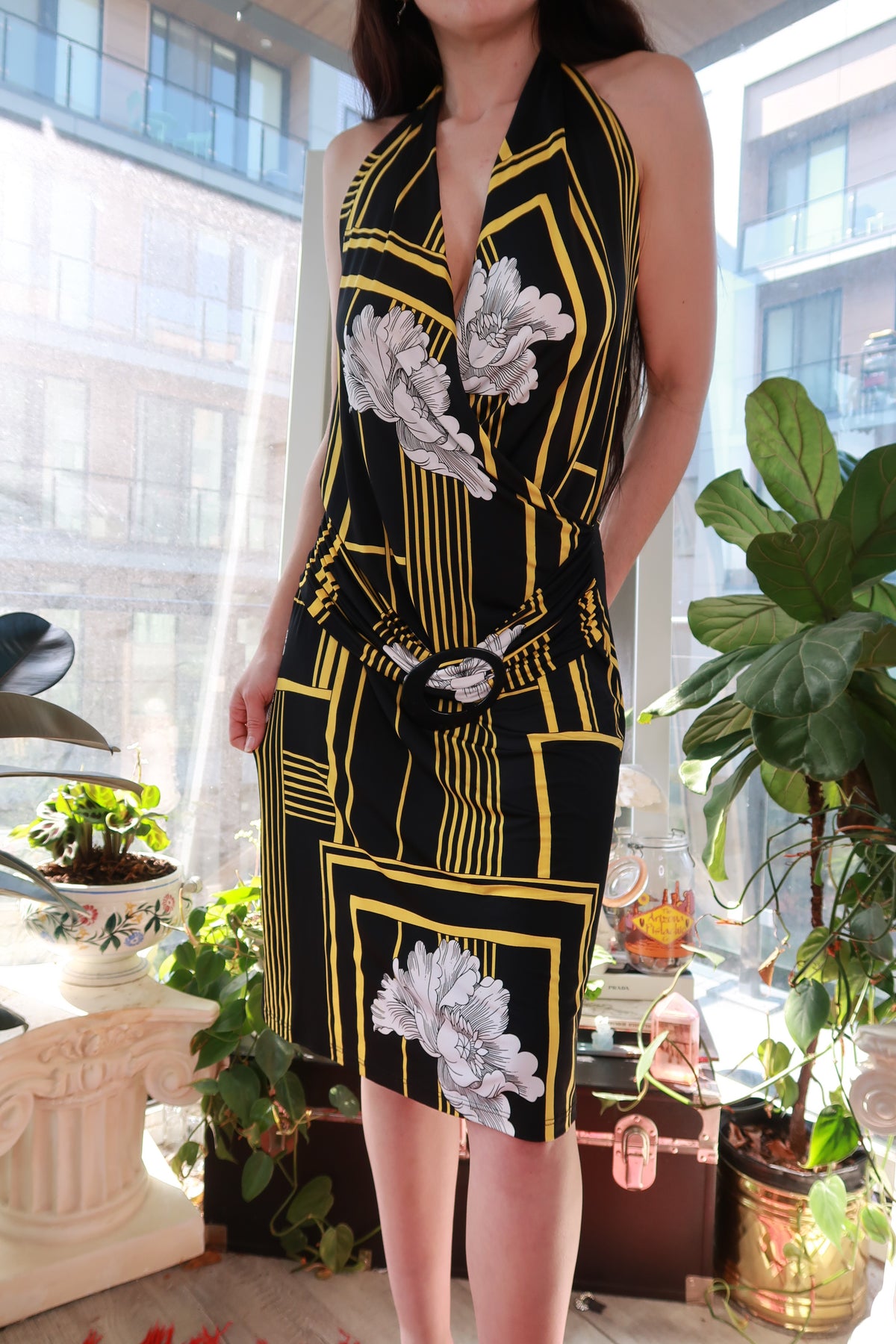 Vintage 2000s Black & Gold Geometric Floral Halter Mini Dress with Ring Detail