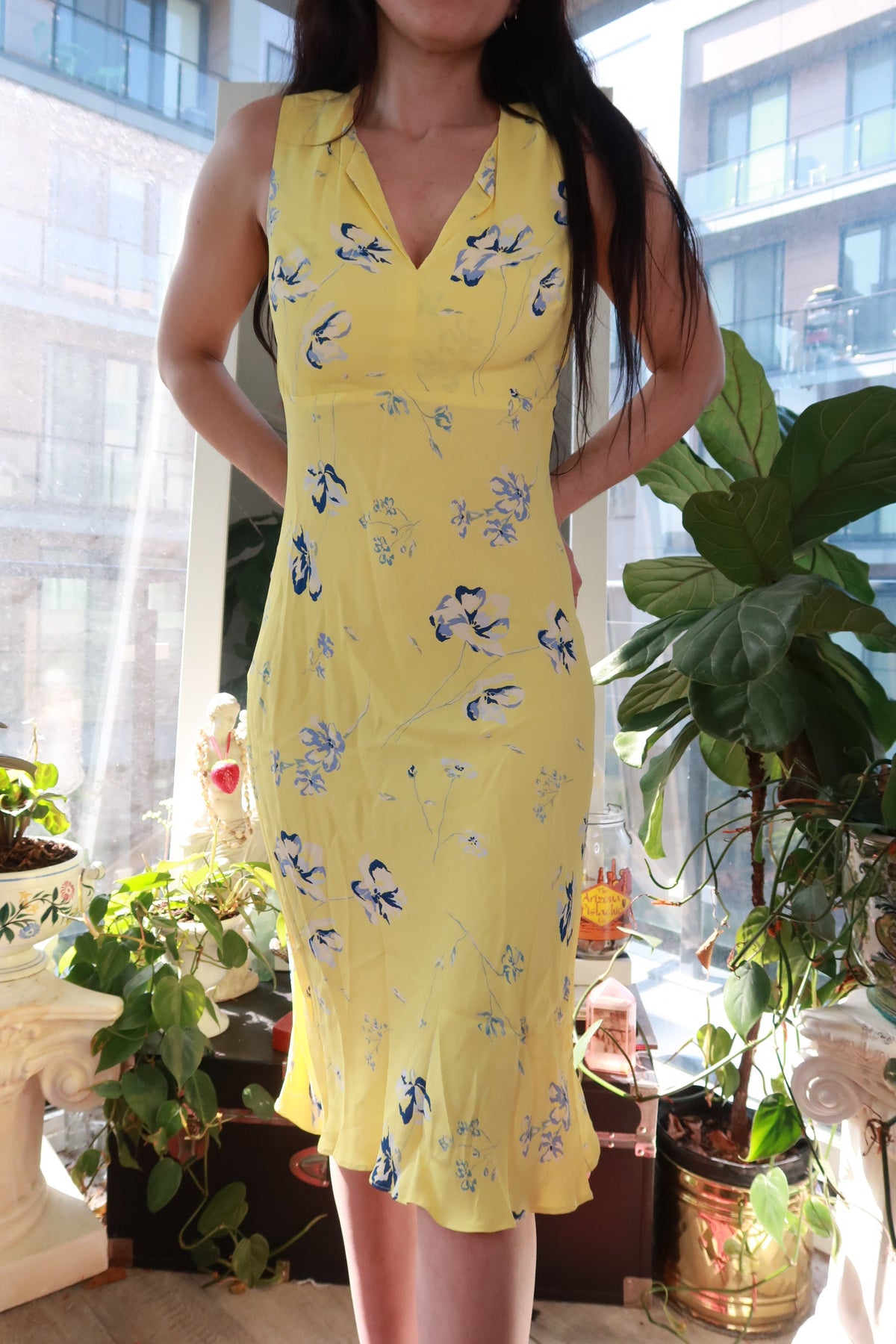 Yellow floral midi dress by Elektra Vintage featuring a Y2K bias cut slip style, perfect for vintage-inspired summer fashion.