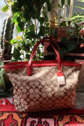 Coach Monogram Signature Canvas Weekend Zip Top Tote Bag with Red Leather Trim