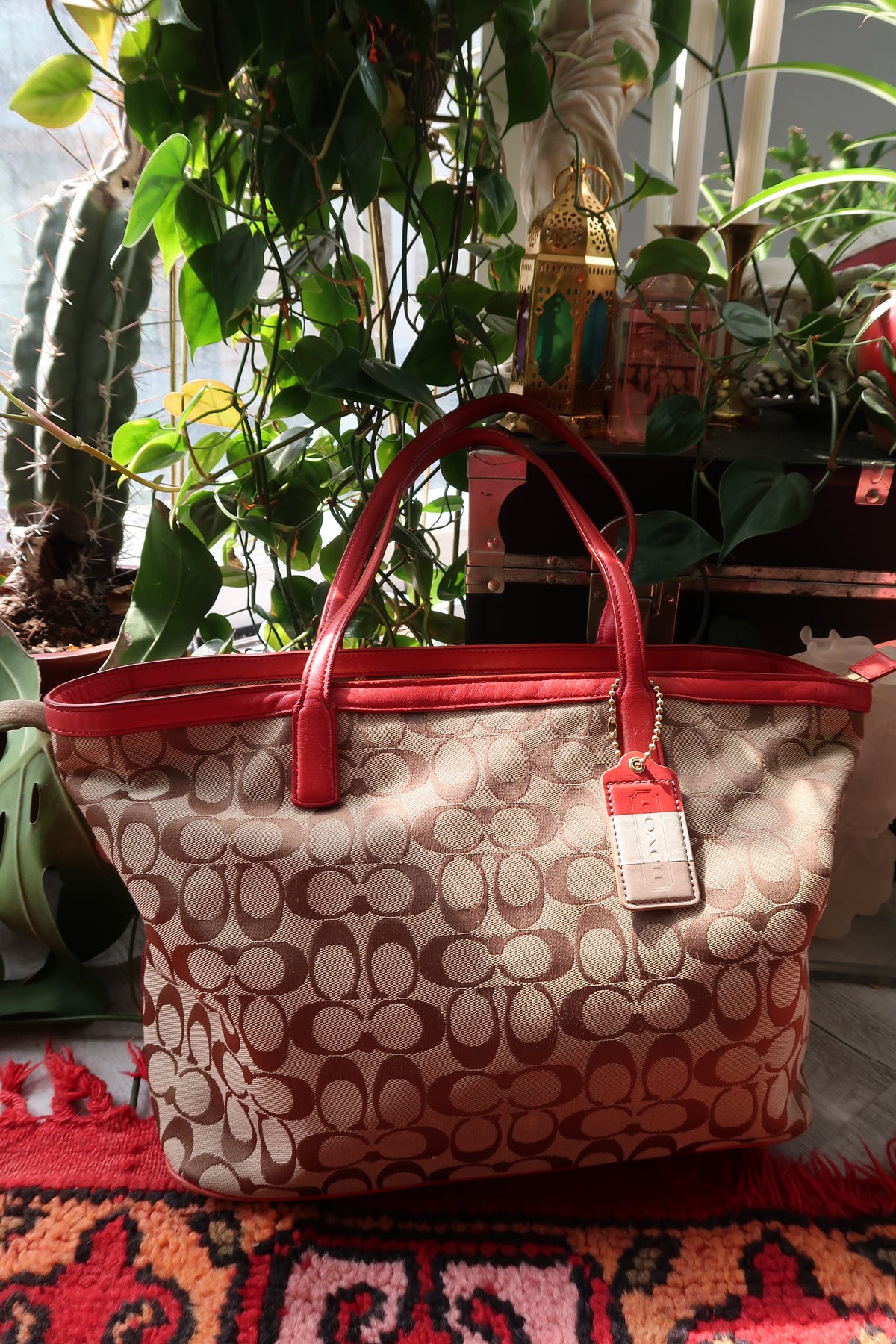 Coach Monogram Signature Canvas Weekend Zip Top Tote Bag with Red Leather Trim