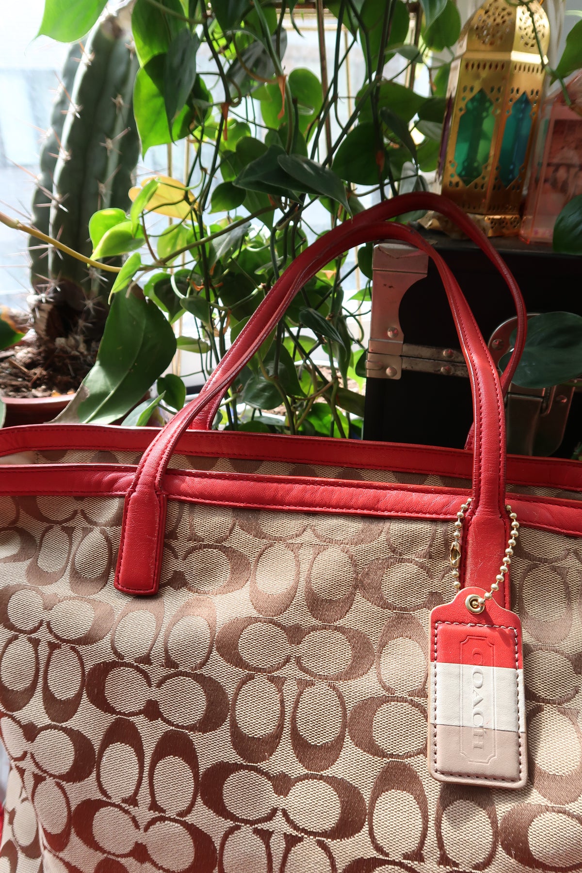 Coach Monogram Signature Canvas Weekend Zip Top Tote Bag with Red Leather Trim