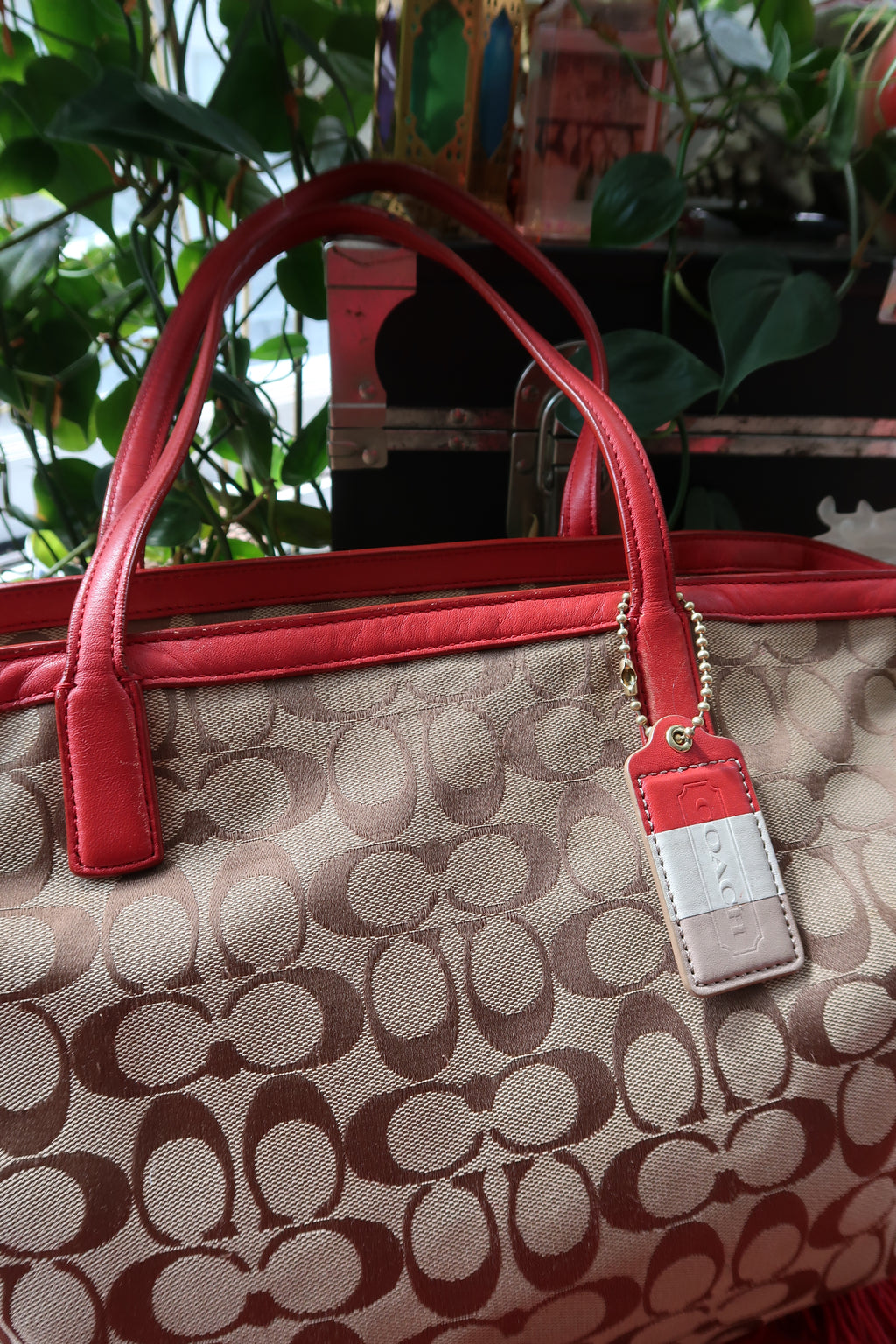 Coach Monogram Signature Canvas Weekend Zip Top Tote Bag with Red Leather Trim