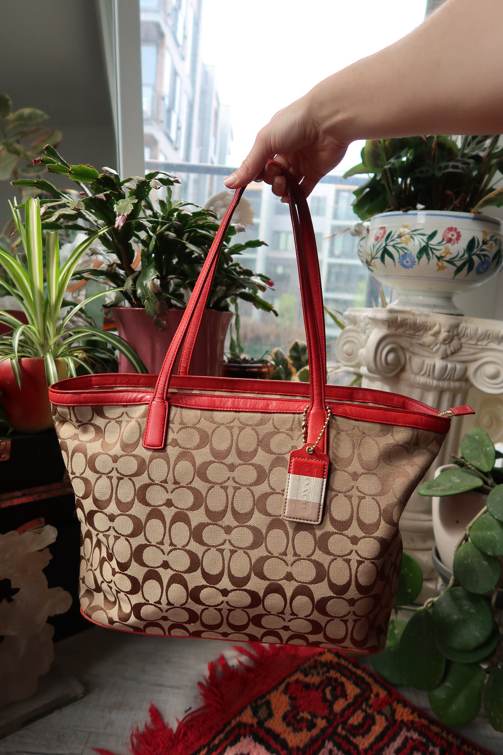 Coach Monogram Signature Canvas Weekend Zip Top Tote Bag with Red Leather Trim