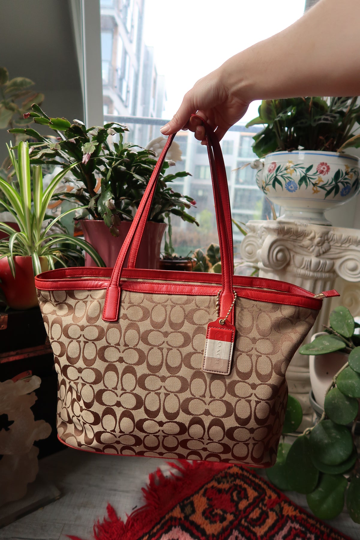 Coach Monogram Signature Canvas Weekend Zip Top Tote Bag with Red Leather Trim