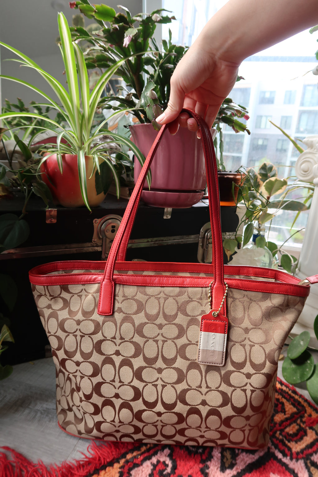Coach Monogram Signature Canvas Weekend Zip Top Tote Bag with Red Leather Trim