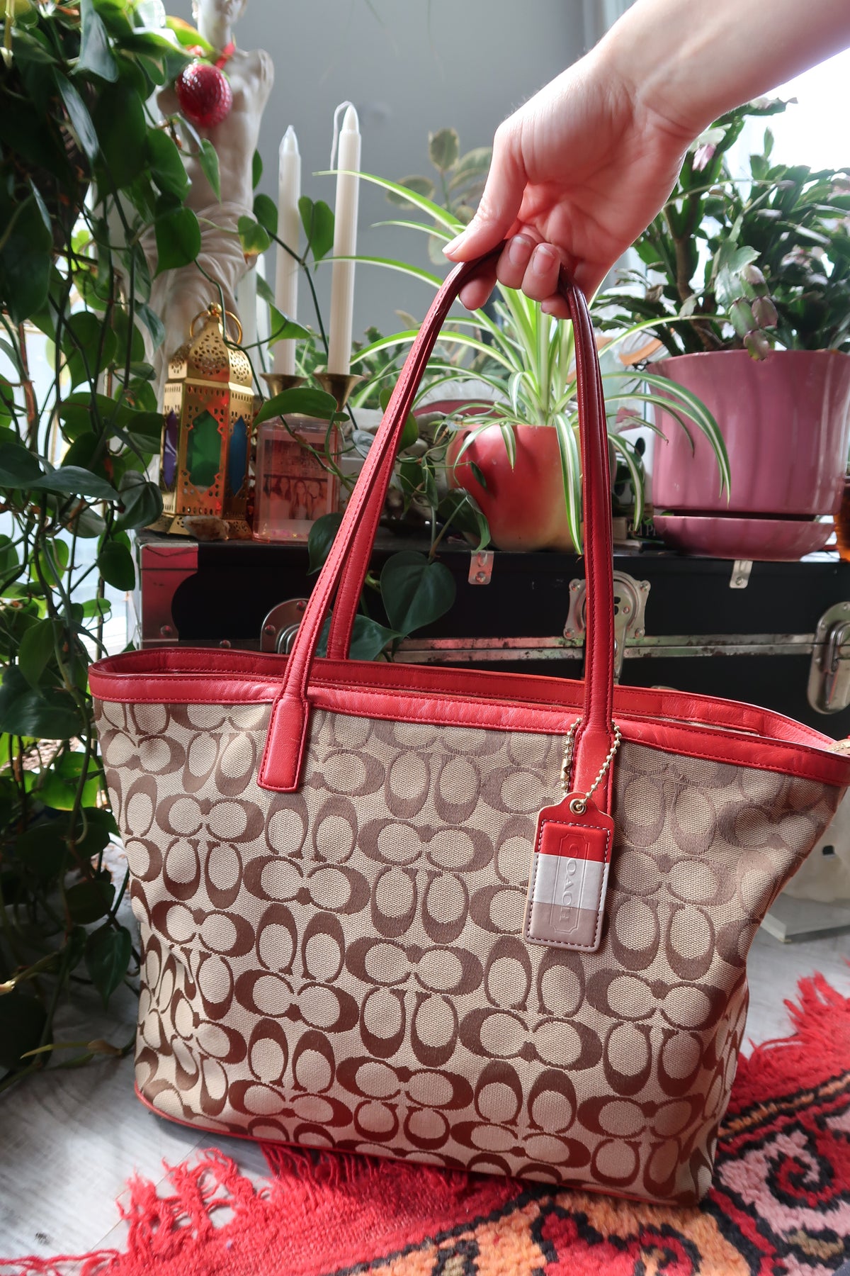 Coach Monogram Signature Canvas Weekend Zip Top Tote Bag with Red Leather Trim