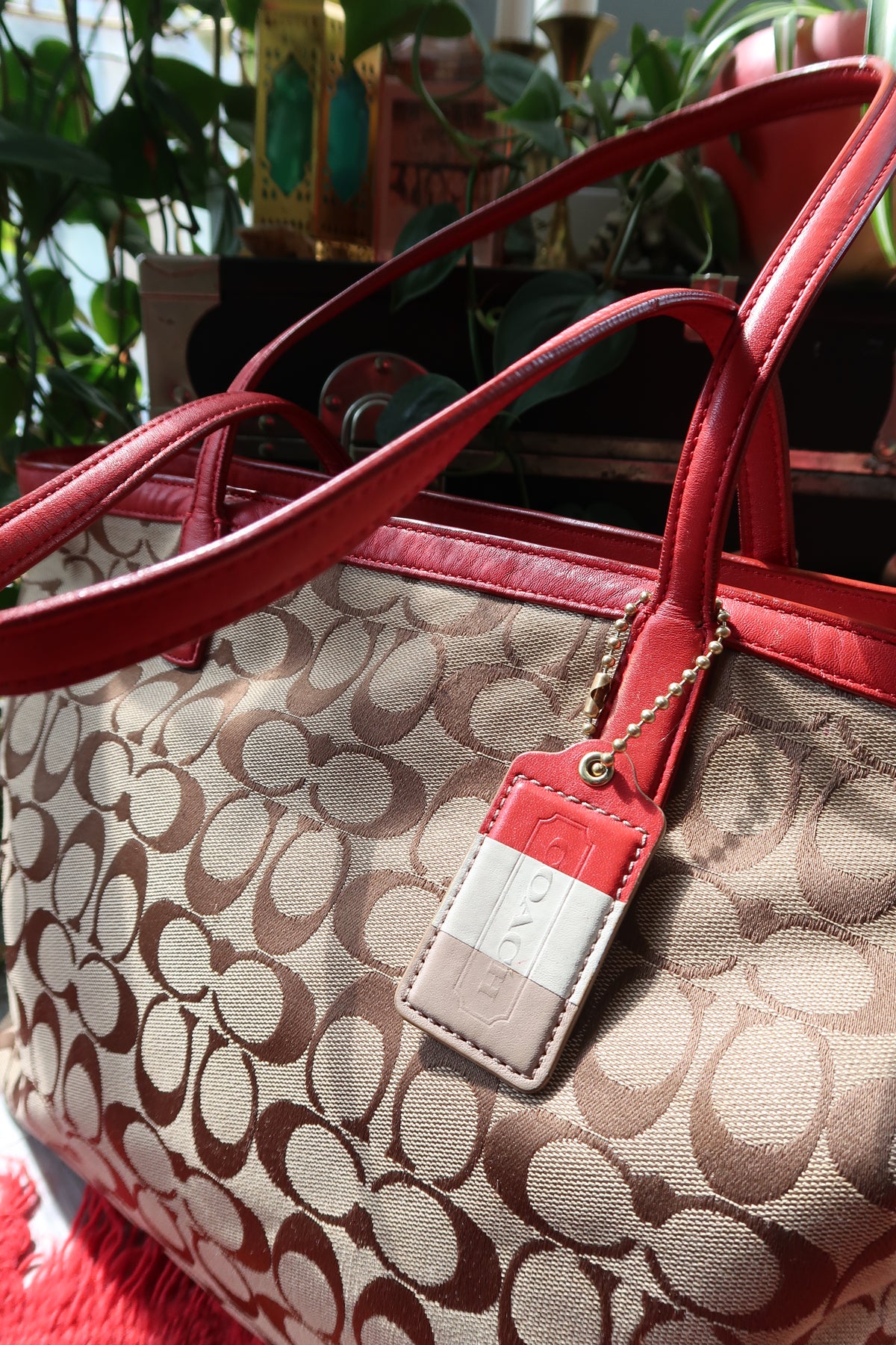Coach Monogram Signature Canvas Weekend Zip Top Tote Bag with Red Leather Trim