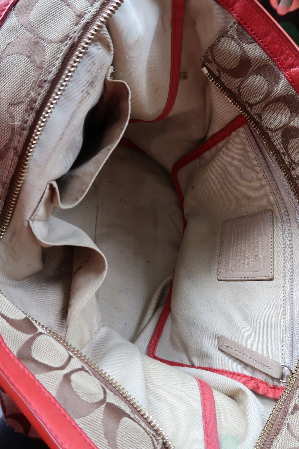 Coach Monogram Signature Canvas Weekend Zip Top Tote Bag with Red Leather Trim