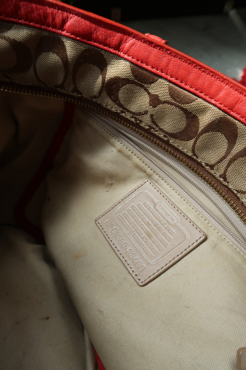 Coach Monogram Signature Canvas Weekend Zip Top Tote Bag with Red Leather Trim