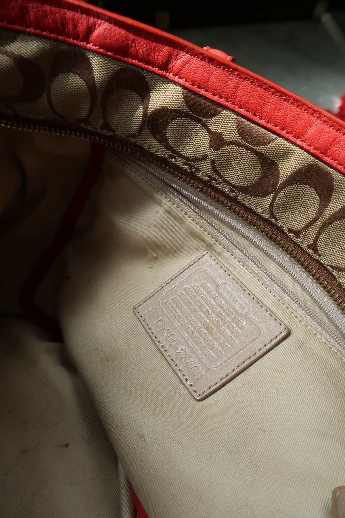 Coach Monogram Signature Canvas Weekend Zip Top Tote Bag with Red Leather Trim