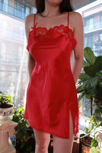 Load image into Gallery viewer, Vintage 2000s Victoria’s Secret red satin slip dress with lace trim and side slit, by Elektra Vintage.
