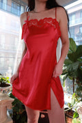 Vintage 2000s Victoria’s Secret red satin lace trim slip dress with side slit mini, by Elektra Vintage.