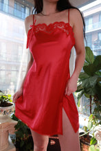 Load image into Gallery viewer, Vintage 2000s Victoria’s Secret red satin lace trim slip dress with side slit mini, by Elektra Vintage.
