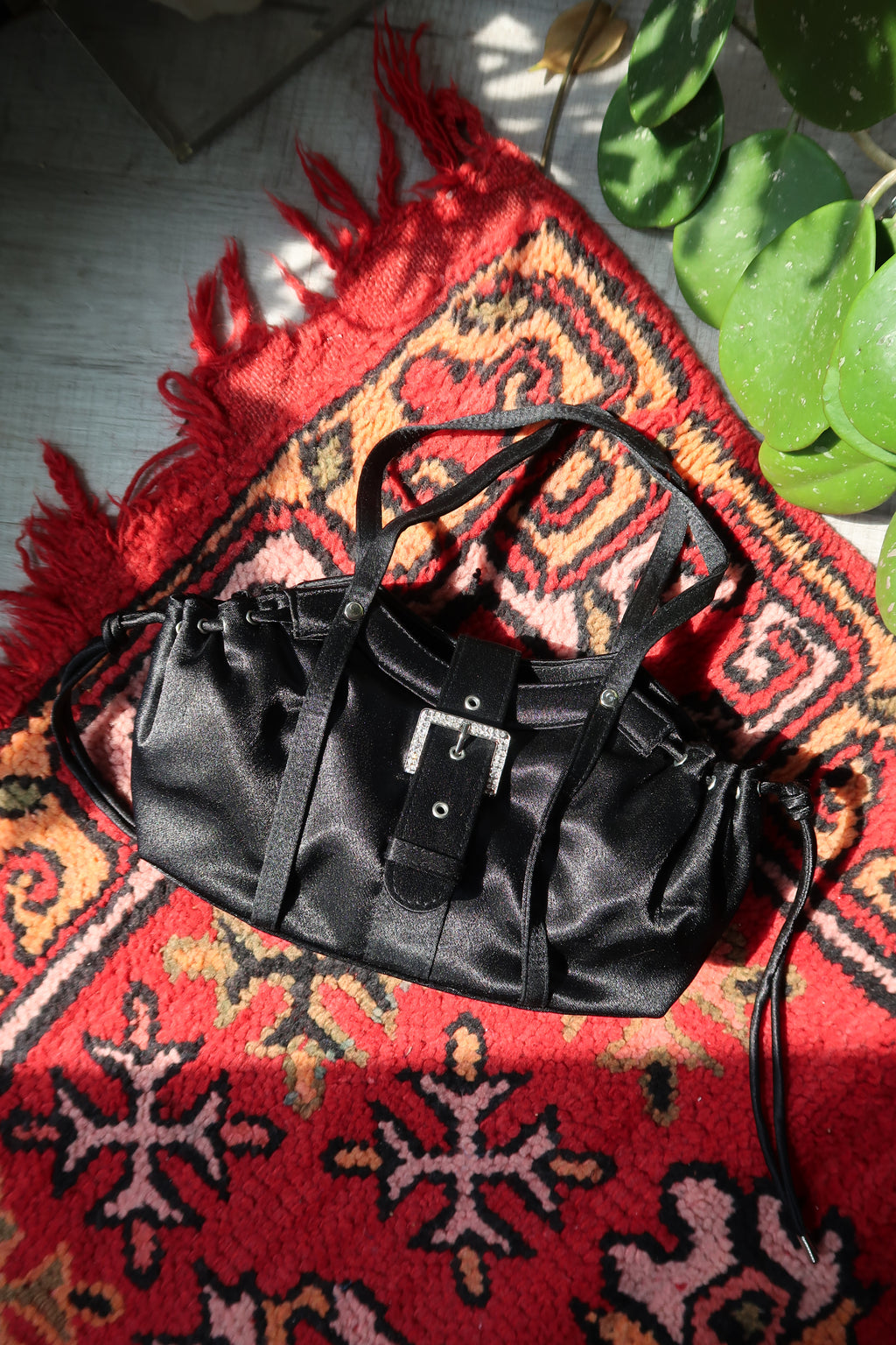 Vintage Black Satin Rhinestone Buckle Shoulder Bag