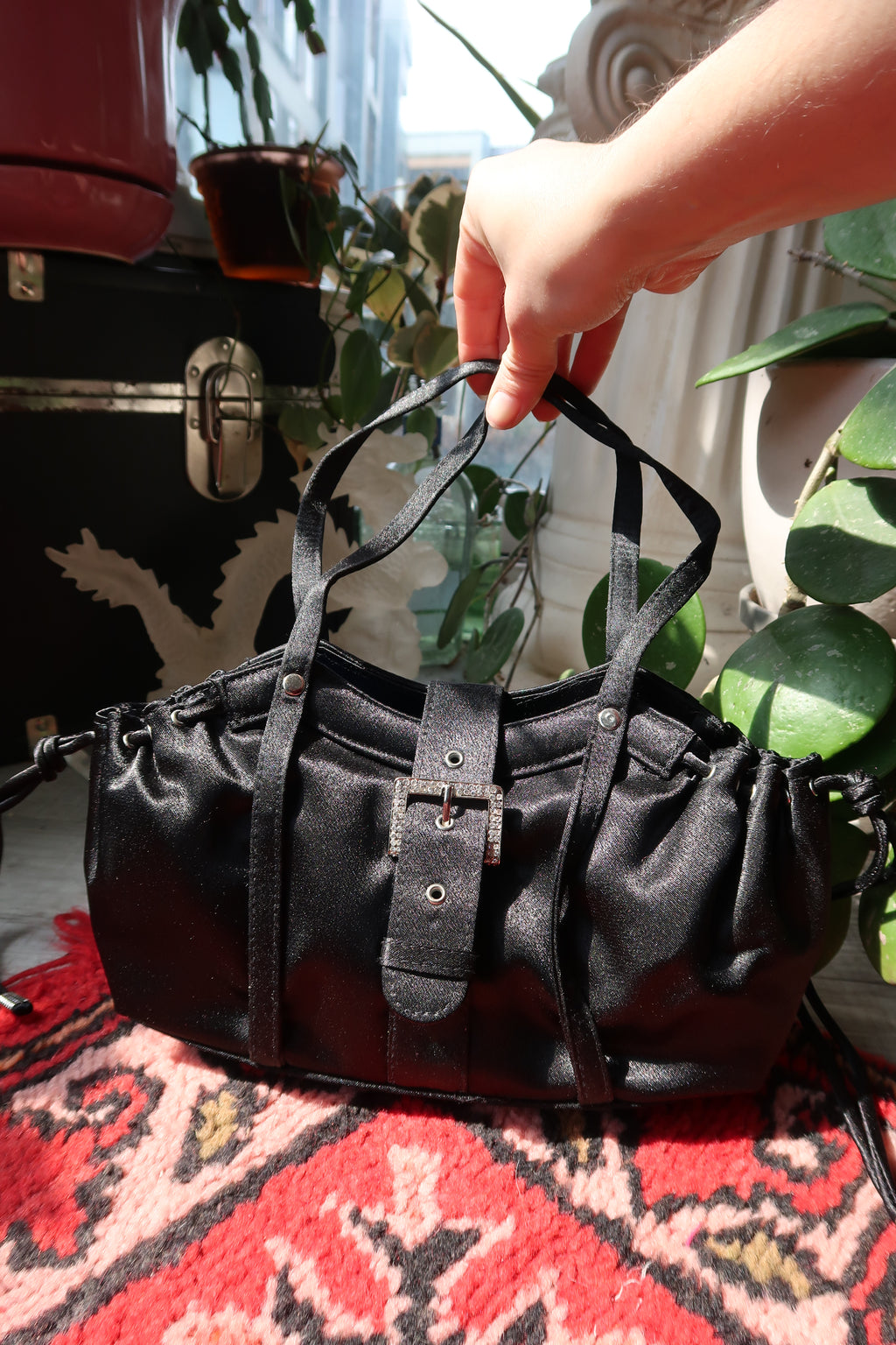 Vintage Black Satin Rhinestone Buckle Shoulder Bag