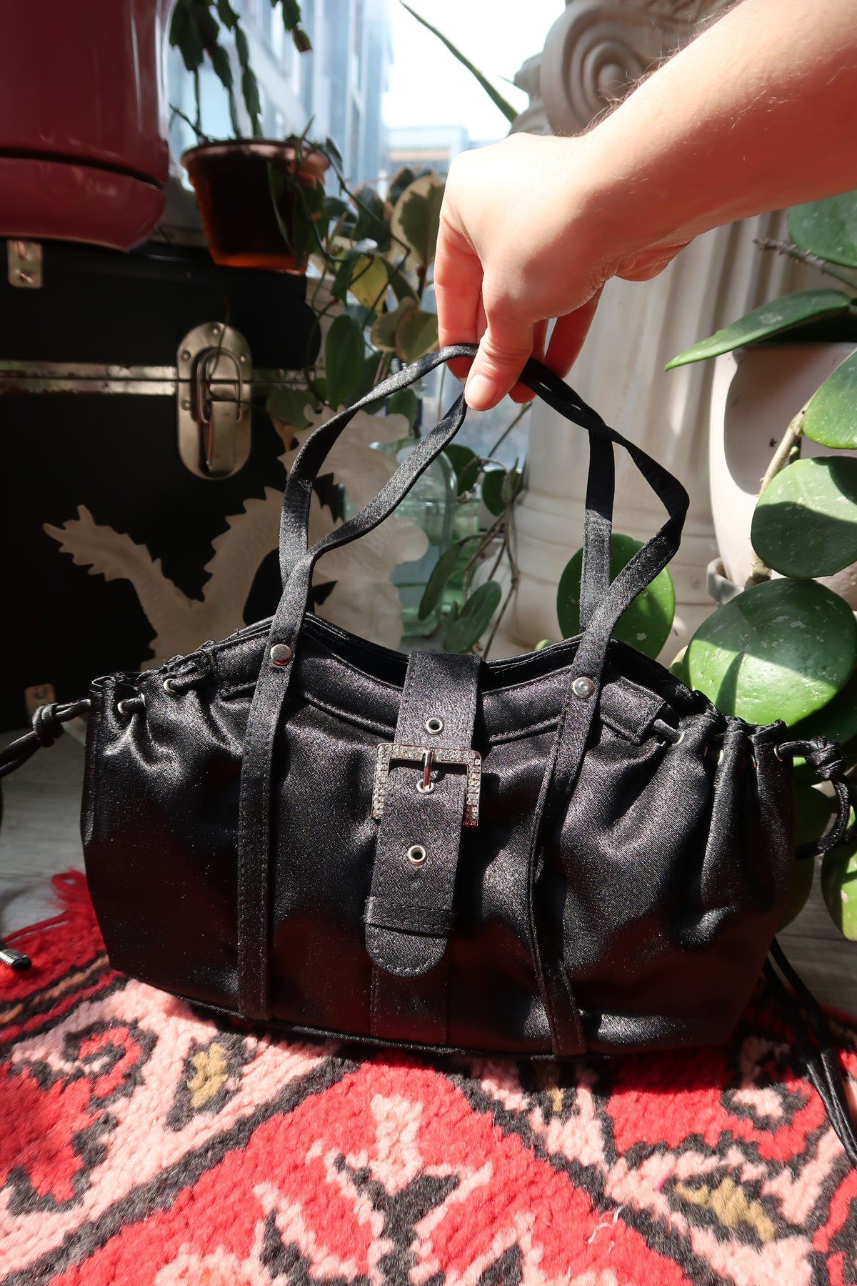 Vintage Black Satin Rhinestone Buckle Shoulder Bag