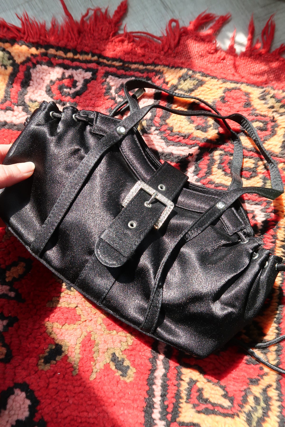 Vintage Black Satin Rhinestone Buckle Shoulder Bag