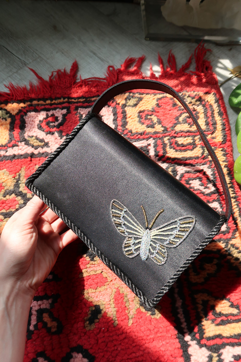 Vintage Black Satin Butterfly Beaded Bag